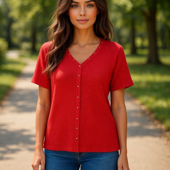 TanJay Coral Open Weave With Beading Detail V-Neck Sweater Women's Size Large - Picture 2 of 14